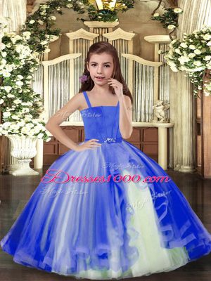 Eye-catching Tulle Straps Sleeveless Lace Up Beading Party Dress for Girls in Blue
