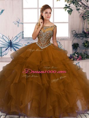 Fantastic Brown Zipper Sweet 16 Quinceanera Dress Beading and Ruffles Sleeveless Floor Length