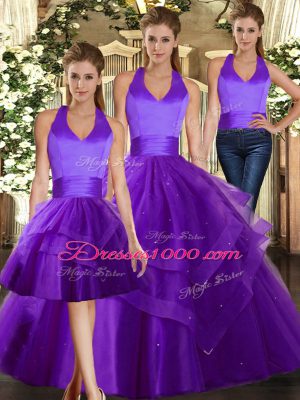 Nice Halter Top Sleeveless Tulle Quince Ball Gowns Ruffles Lace Up