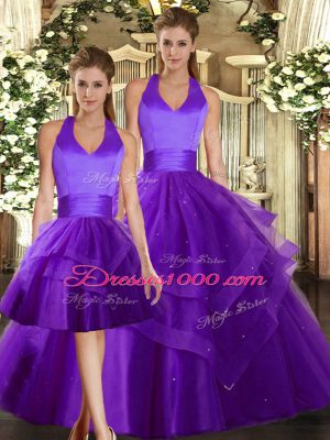 Nice Halter Top Sleeveless Tulle Quince Ball Gowns Ruffles Lace Up