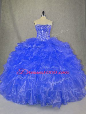 On Sale Strapless Sleeveless Lace Up Sweet 16 Dresses Blue Organza