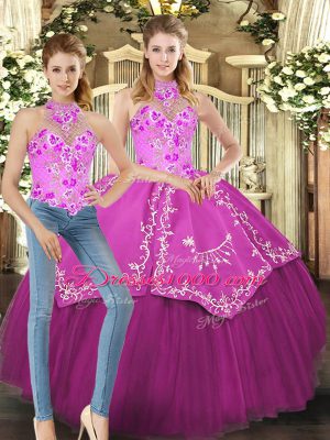 Halter Top Sleeveless Lace Up Sweet 16 Dresses Fuchsia Satin and Tulle