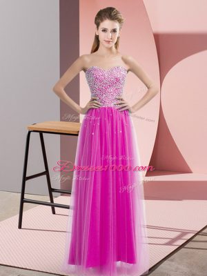 Noble Floor Length Lace Up Fuchsia for Prom and Party with Beading