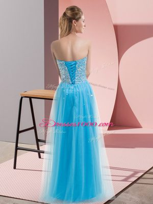 Noble Floor Length Lace Up Fuchsia for Prom and Party with Beading