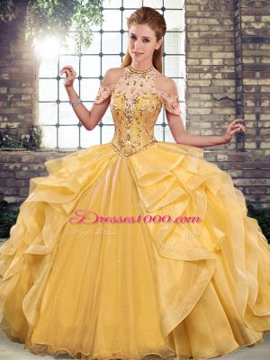 Discount Gold Sleeveless Beading and Ruffles Floor Length Ball Gown Prom Dress