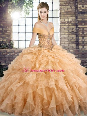 Brush Train Ball Gowns Quinceanera Gown Gold Off The Shoulder Organza Sleeveless Lace Up