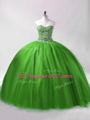 Spectacular Floor Length Green 15th Birthday Dress Tulle Sleeveless Beading