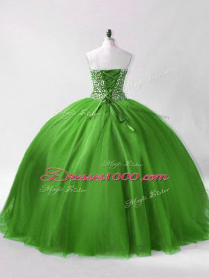 Spectacular Floor Length Green 15th Birthday Dress Tulle Sleeveless Beading