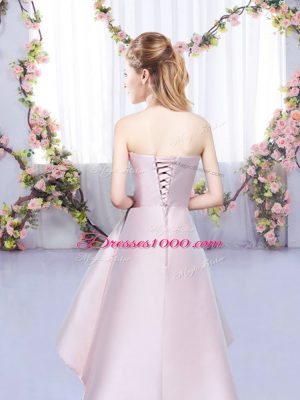 High Low Baby Pink Quinceanera Dama Dress Satin Sleeveless Ruching