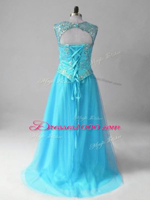 Wonderful Beading Going Out Dresses Aqua Blue Lace Up Sleeveless High Low