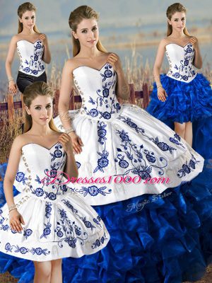 Blue And White Lace Up Sweetheart Embroidery and Ruffles Quince Ball Gowns Satin and Organza Sleeveless