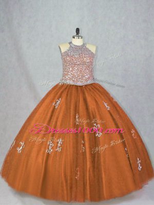 Brown Lace Up Quinceanera Gown Beading and Appliques Sleeveless Floor Length