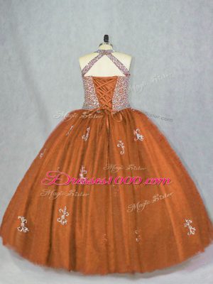 Brown Lace Up Quinceanera Gown Beading and Appliques Sleeveless Floor Length