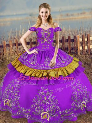 Romantic Purple Lace Up Off The Shoulder Embroidery Vestidos de Quinceanera Satin and Organza Sleeveless