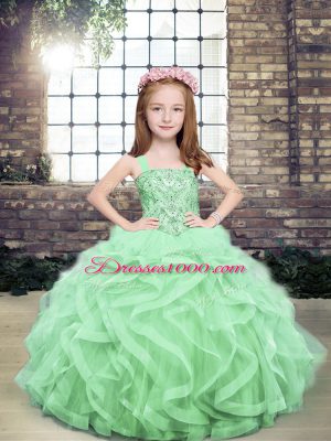 Straps Sleeveless Little Girls Pageant Gowns Floor Length Beading and Ruffles Apple Green Organza and Tulle