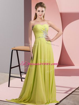 Yellow Green Chiffon Lace Up Sweetheart Sleeveless Floor Length Dress for Prom Beading