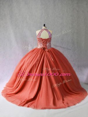 Traditional Sleeveless Brush Train Lace Up Beading Quinceanera Dress