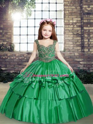 Green Ball Gowns Beading Party Dress for Girls Lace Up Taffeta Sleeveless Floor Length
