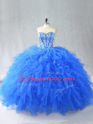 Elegant Sleeveless Tulle Floor Length Lace Up Sweet 16 Dress in Blue with Beading and Ruffles