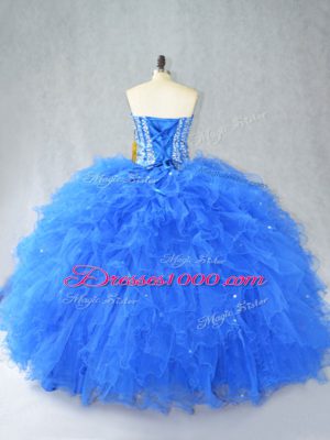 Elegant Sleeveless Tulle Floor Length Lace Up Sweet 16 Dress in Blue with Beading and Ruffles