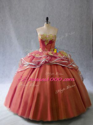 Rust Red Sweetheart Neckline Appliques and Ruffles Quince Ball Gowns Sleeveless Lace Up