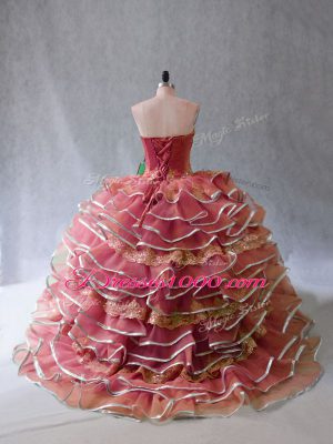 Rust Red Sweetheart Neckline Appliques and Ruffles Quince Ball Gowns Sleeveless Lace Up