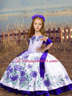 Superior White Sleeveless Floor Length Embroidery Lace Up Pageant Gowns For Girls