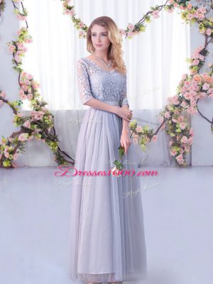 Floor Length Empire Half Sleeves Grey Quinceanera Court Dresses Side Zipper