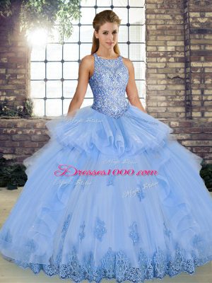 Scoop Sleeveless Tulle Sweet 16 Quinceanera Dress Lace and Embroidery and Ruffles Lace Up