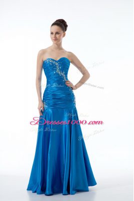 Sleeveless Floor Length Zipper Evening Dresses in Blue with Beading and Ruching