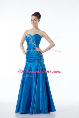 Sleeveless Floor Length Zipper Evening Dresses in Blue with Beading and Ruching