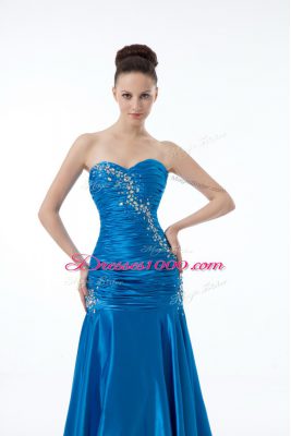 Sleeveless Floor Length Zipper Evening Dresses in Blue with Beading and Ruching