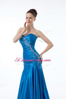 Sleeveless Floor Length Zipper Evening Dresses in Blue with Beading and Ruching