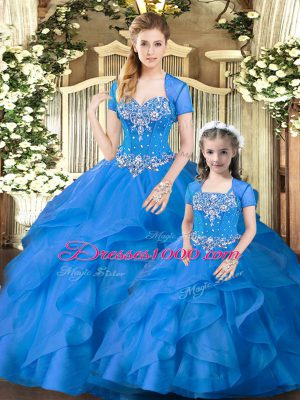 Glittering Floor Length Blue Sweet 16 Quinceanera Dress Sweetheart Sleeveless Lace Up