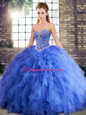 Blue Sweetheart Neckline Beading and Ruffles Quinceanera Dresses Sleeveless Lace Up
