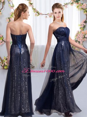 Floor Length Navy Blue Dama Dress for Quinceanera Chiffon and Sequined Sleeveless Sequins