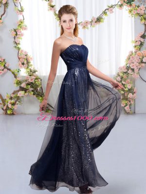 Floor Length Navy Blue Dama Dress for Quinceanera Chiffon and Sequined Sleeveless Sequins