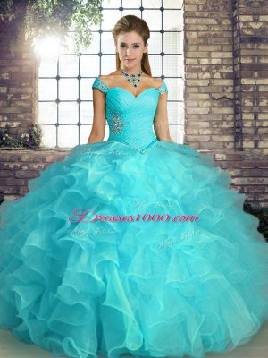 Floor Length Lace Up Ball Gown Prom Dress Aqua Blue for Military Ball and Sweet 16 and Quinceanera with Beading and Ruffles