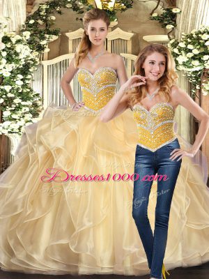 Ideal Champagne Ball Gowns Beading and Ruffles Sweet 16 Dress Lace Up Organza Sleeveless Floor Length