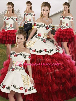 Wine Red Off The Shoulder Lace Up Embroidery and Ruffled Layers Quinceanera Gown Sleeveless