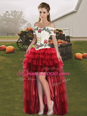 Wine Red Off The Shoulder Lace Up Embroidery and Ruffled Layers Quinceanera Gown Sleeveless