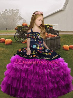 Custom Designed Fuchsia Lace Up Girls Pageant Dresses Embroidery and Ruffled Layers Sleeveless Floor Length