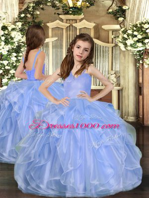 Floor Length Blue Little Girl Pageant Gowns Organza Sleeveless Ruffles