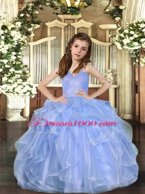 Floor Length Blue Little Girl Pageant Gowns Organza Sleeveless Ruffles