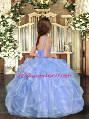 Floor Length Blue Little Girl Pageant Gowns Organza Sleeveless Ruffles