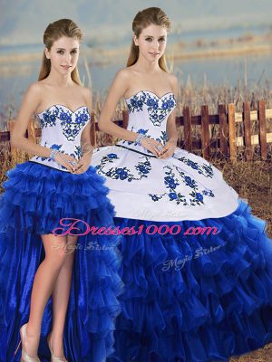 Best Selling Royal Blue Sleeveless Organza Lace Up Quince Ball Gowns for Military Ball and Sweet 16 and Quinceanera