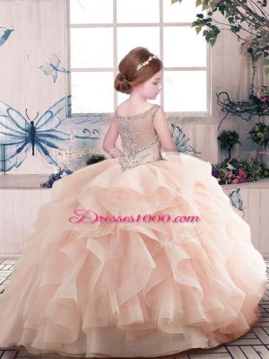 Enchanting Purple Ball Gowns Scoop Sleeveless Organza Floor Length Zipper Beading and Ruffles Child Pageant Dress