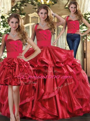 Fashion Red Organza Lace Up Vestidos de Quinceanera Sleeveless Floor Length Ruffles