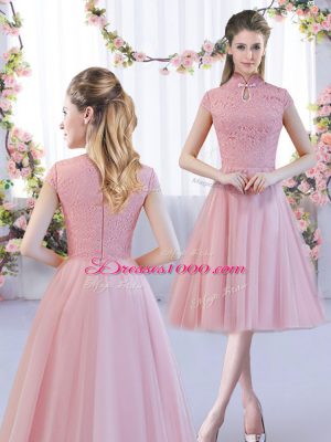 Tulle High-neck Cap Sleeves Zipper Lace Wedding Party Dress in Pink