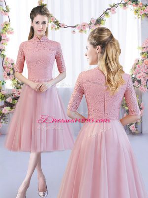 Tulle High-neck Cap Sleeves Zipper Lace Wedding Party Dress in Pink